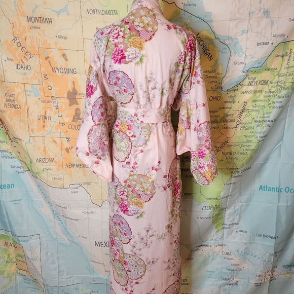 Sakurai Shoji Floral Pink Kimono Robe One Size With Belt 100% Cotton - Picture 6 of 16